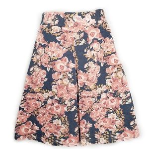 Blue Pink Floral Zipper Midi A-line Skirt